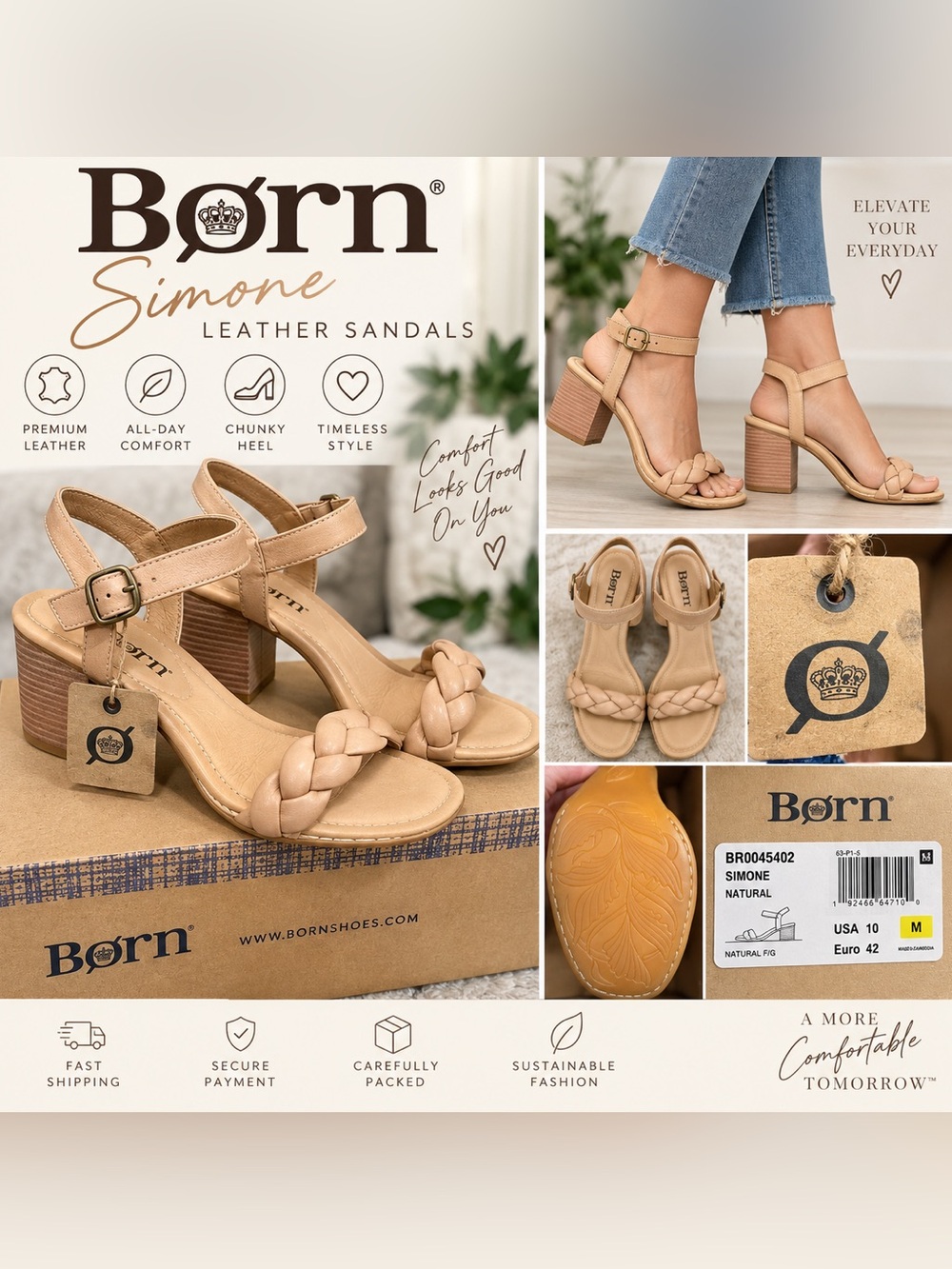 Børn Simone Natural Leather Braided Block Heel Sandals Size 10 NIB NWT